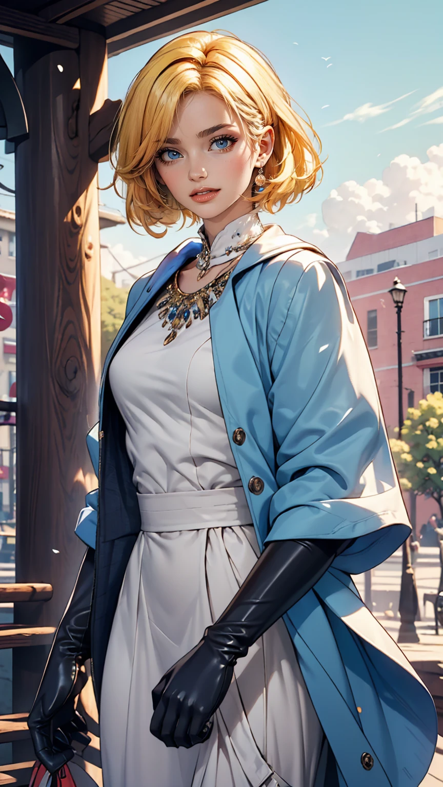 ((masterpiece,highest quality)),One girl,alone, (((Chisato Nishikigi))), short hair, Bright yellow hair, alone, dress, Detail Eye, View your viewers, Long sleeve, Are standing, white dress, gloves,hair ornaments, Black jacket, smile, Floating Hair, Dutch Angle, Mouth closed, avert your eyes, (Center Parks),Cloudy, blue sky, warm color,