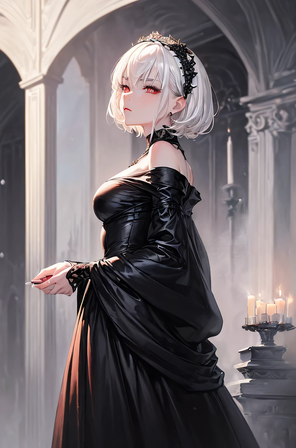 (masterpiece,highest quality)(Above the knee images)(A wonderful woman, Black long dress, Mature Woman, Woman with short white hair, 、Hair that falls over the shoulders, Pale pink lips, Indifference, Seriousness, bangs, Detailed face, Correct Proportions, (This painting was done in the Gweiz style.。.、Oil painting of a woman with short hair. The entire painting uses a black and white palette. which are loved by the audience. Expressed with detailed depiction.Snow-white hair, Red eyes, exuding a mysterious atmosphere, その女 is dressed elegantly and tastefully, Candles、from behind