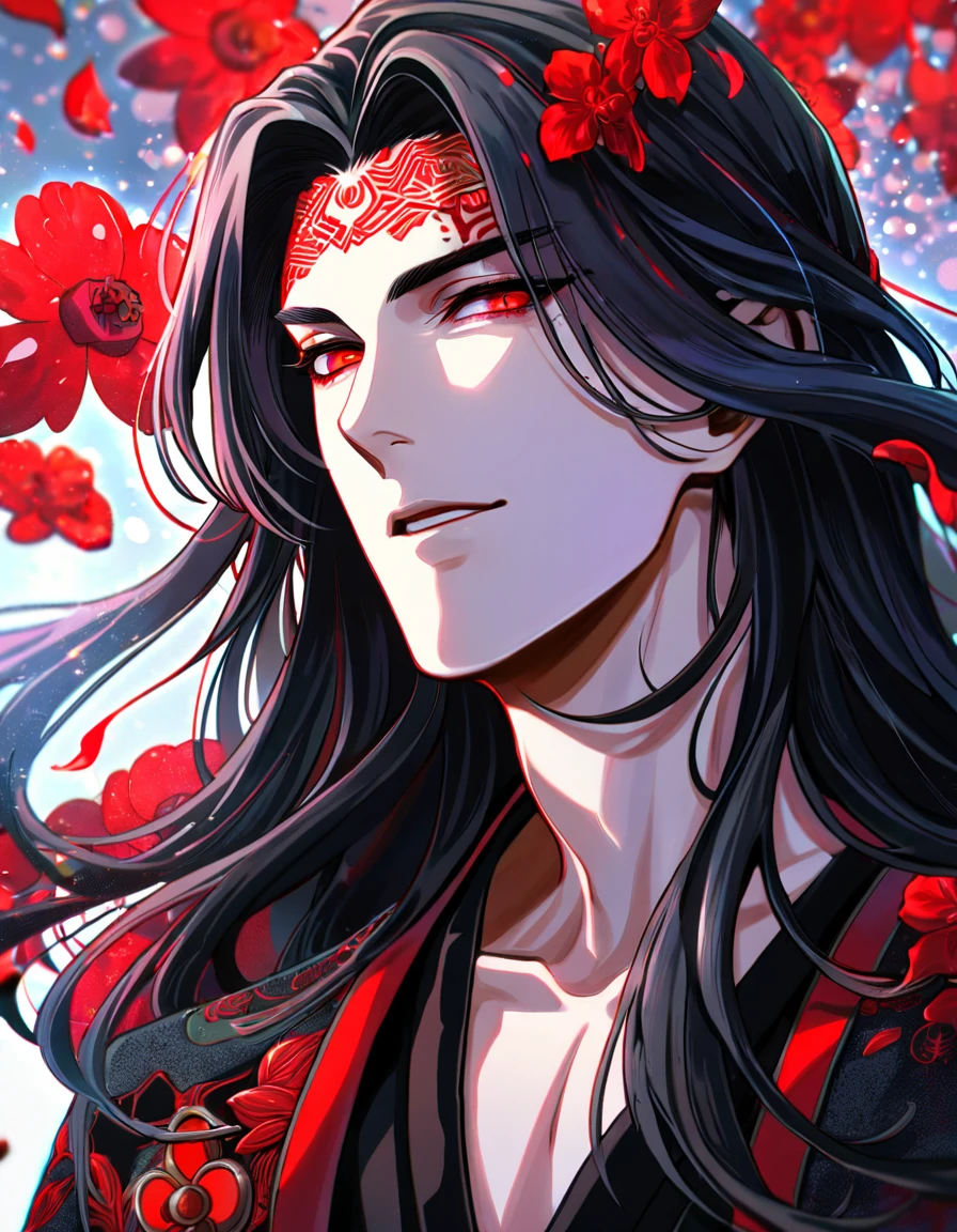 Ultra detailed, HDR, Highres, absurdres, master piece, Luo Binghe, black long hair, expressive red eyes, The Scum Villain's Self-Saving System patterns, black clothes, red petals, red ice flowers, sexy man, solo, extremely detailed face and eyes, extremely handsome, glittering, red glass, red mark on his forehead,