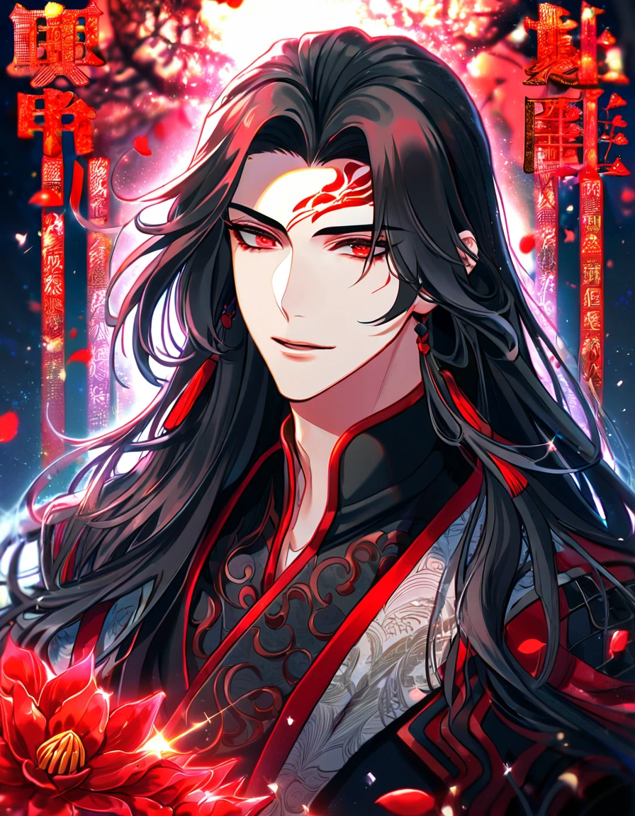 Ultra detailed, HDR, Highres, absurdres, master piece, Luo Binghe, black long hair, expressive red eyes, The Scum Villain's Self-Saving System patterns, black clothes, red petals, red ice flowers, sexy man, solo, extremely detailed face and eyes, extremely handsome, glittering, red glass, red mark on his forehead,