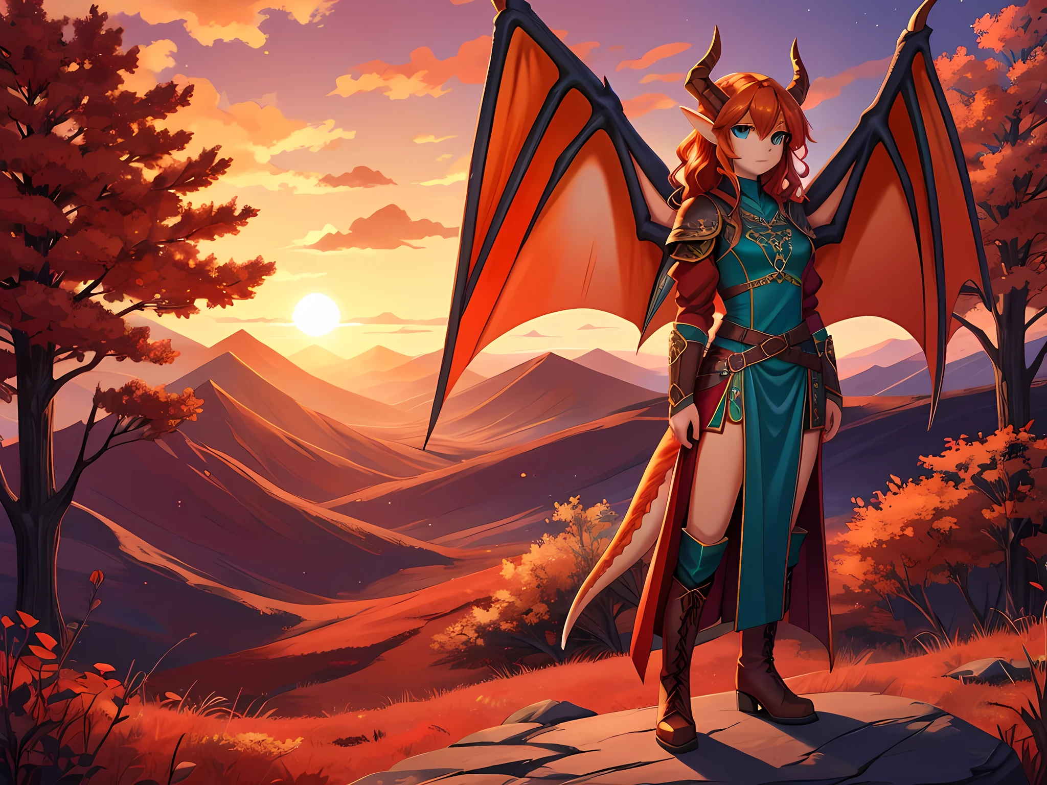 anime style art, fantasy style art, beautiful Celtic dragon girl, young adult European girl, mature young woman, long wavy bright orange hair, bright teal eyes, realistic and sparkling teal eyes looking at viewer, shapely body, skinny body, healthy body, purple and red warrior outfit, red clothes, 2 red dress coattails hanging down her sides, high brown leather boots, long draping red sleeves, 2 large orange dragon wings, wings on both sides, orange dragon horns, standing on top of a hill, sunset, deep red colored mountains, dark red ground dirt, trees with blue leaves, red mountains and blue trees in the distance, fantasy world, fantasy forest, high quality digital art, 2k, professional illustration