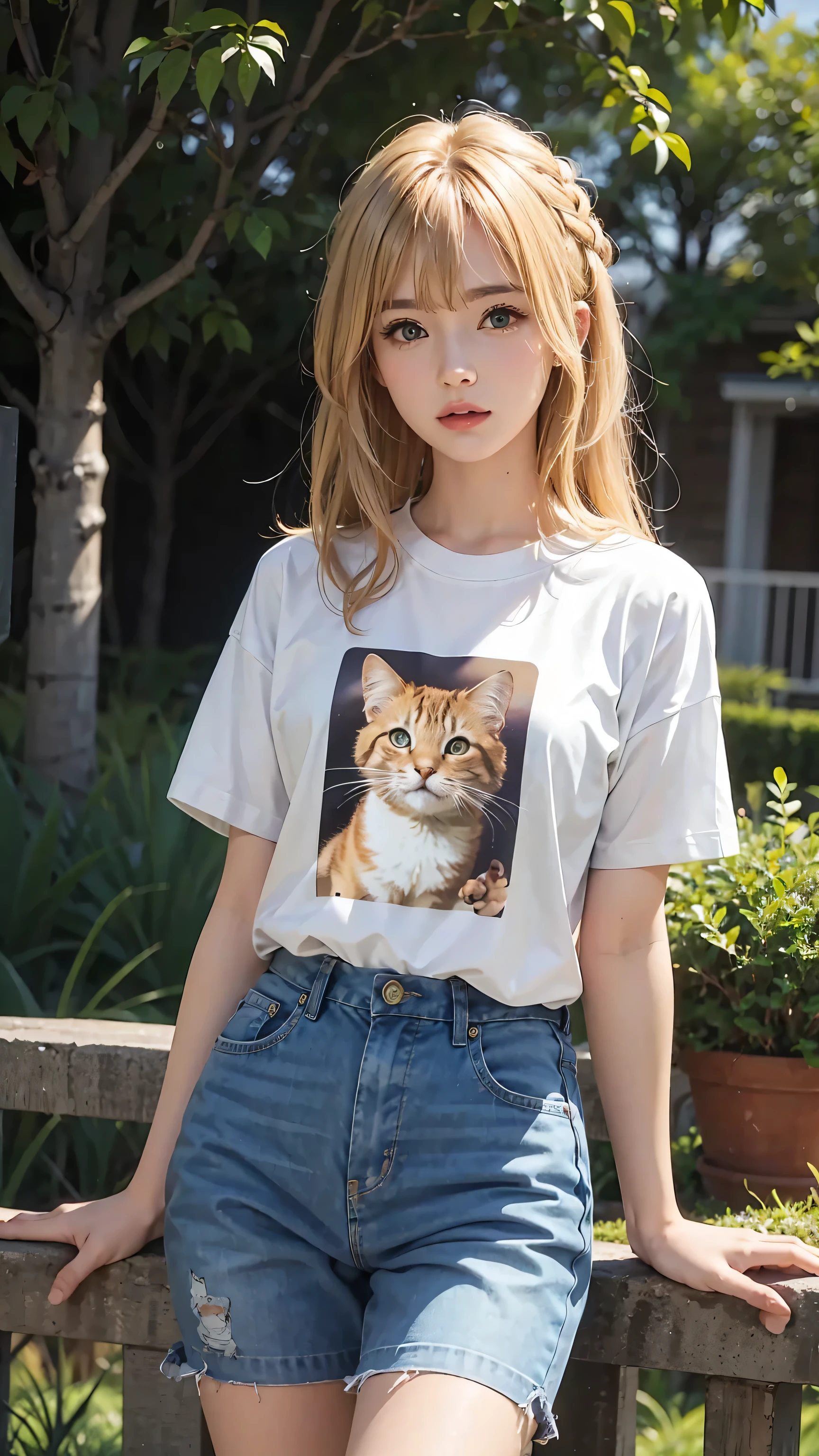 Masterpiece, best quality, super fine, 16k, medium hair, blonde color hair, T-shirt with cat illustration,