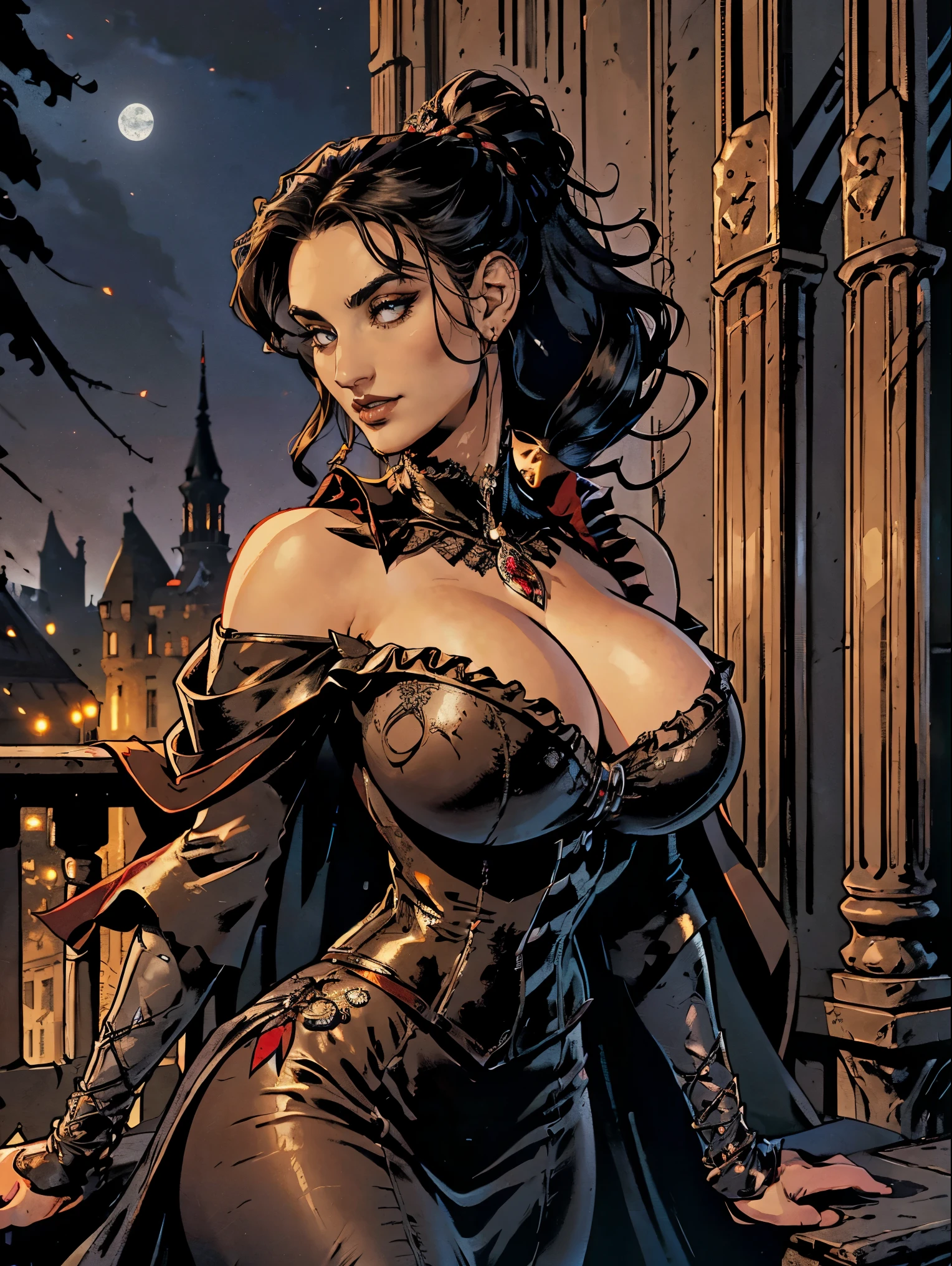 (masterpiece, top quality, best quality, official art, beautiful and aesthetic:1.2), (1girl:1.3), long and curly dark brown hair, ((extravagant updo)), Victorian style, extremely detailed, portrait, looking at viewer, solo, (full body:0.6), detailed background, close up, mischievous eyes, (cold midnight castle theme:1.1), extremely busty vampire, long fangs, blood on chin, huge lips, charlatan, smirk, mysterious, being seductive on a balcony, revealing gothic dress, lace, extremely tight bodice, black attire, red skirts, off shoulder, long sleeves, loose sleeves, black leather, cloak, corset, black dress, fishnets, thigh high black boots, buckles, straps, pouches, glowing blood magic energy, dark red fabric, silver trim, black leather, (ruffled collar), (((????????????????))), cleavage, ?????????????, slim waist, slim ????, long legs, medieval (gothic castle exterior:1.1) background, nighttime, dark mysterious lighting, shadows, magical atmosphere, dutch angle