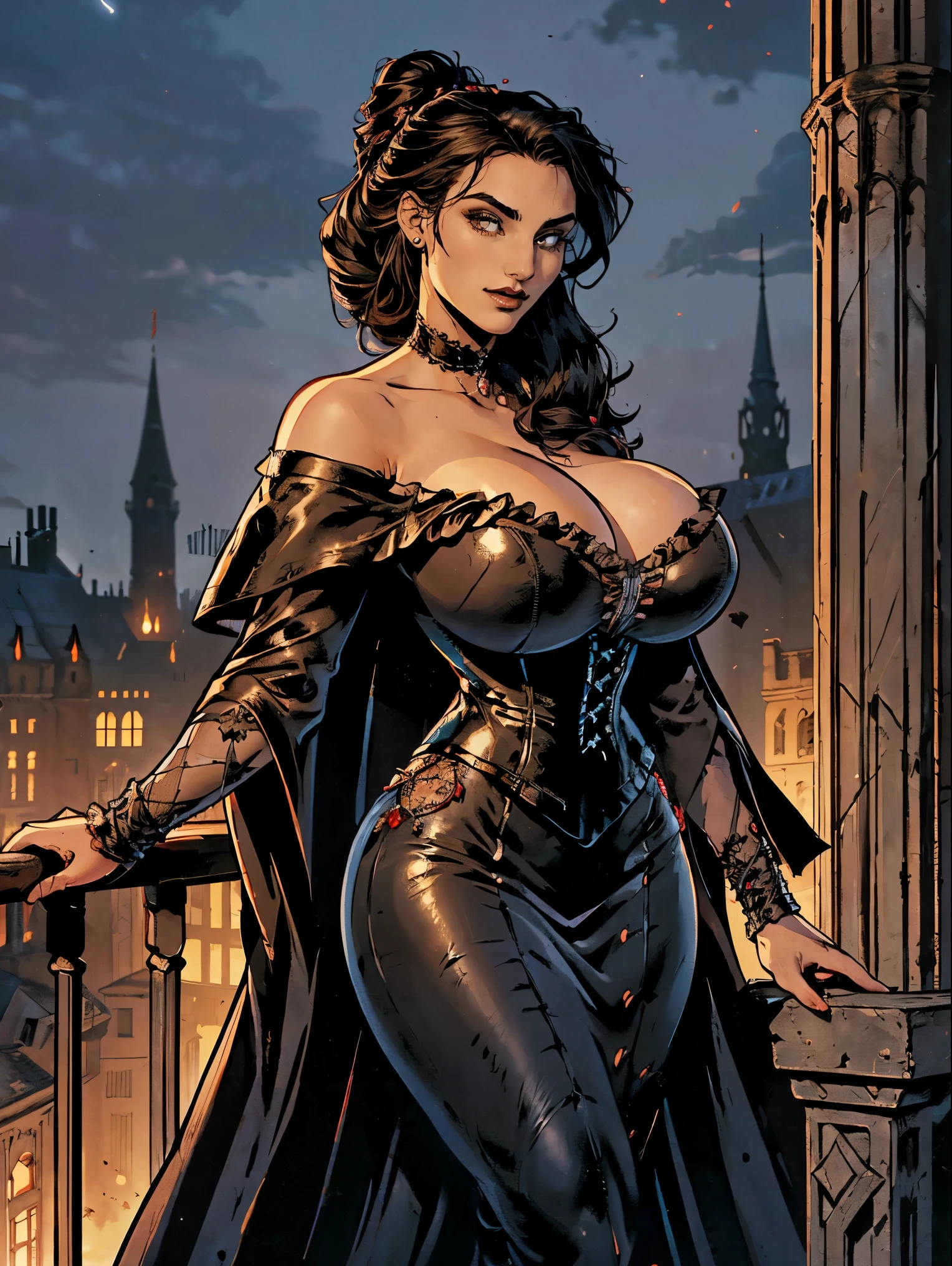 (masterpiece, top quality, best quality, official art, beautiful and aesthetic:1.2), (1girl:1.3), long and curly dark brown hair, ((extravagant updo)), Victorian style, extremely detailed, portrait, looking at viewer, solo, (full body:0.6), detailed background, close up, mischievous eyes, (cold midnight castle theme:1.1), extremely busty vampire, long fangs, blood on chin, huge lips, charlatan, smirk, mysterious, being seductive on a balcony, revealing gothic dress, lace, extremely tight bodice, black attire, red skirts, off shoulder, long sleeves, loose sleeves, black leather, cloak, corset, black dress, fishnets, thigh high black boots, buckles, straps, pouches, glowing blood magic energy, dark red fabric, silver trim, black leather, (ruffled collar), (((gigantic breasts))), cleavage, skindentation, slim waist, slim hips, long legs, medieval (gothic castle exterior:1.1) background, nighttime, dark mysterious lighting, shadows, magical atmosphere, dutch angle