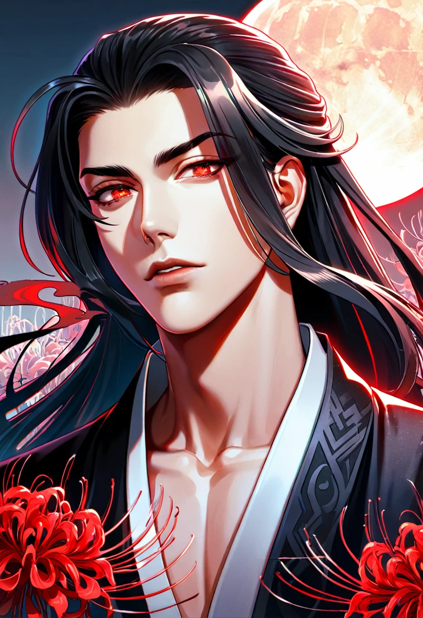 absurdres, highres, ultra detailed, HDR, masterpiece, extremely detailed face and eyes, Wei Wuxian, black hair, expressive red eyes, Mo Dao Zu Shi, black robes, solo, sexy man, handsome, moon, red spider lilies