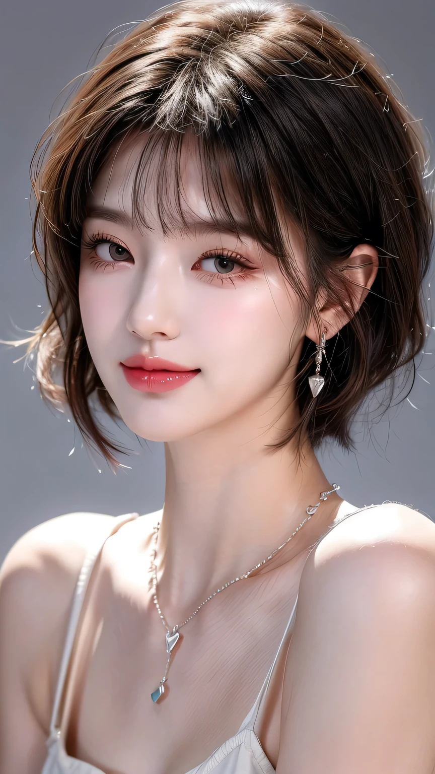 Pilion, Solitary, 1 Girl,, jewelry, short hair, Looking at the audience, Necklace, necklace, punching, White background, Heart, Shut up, Gray eyes, Simple background, Gray hair, ear punching, black Necklace, Smile, eyelash, Lips, Bangs，gem, earrings, 