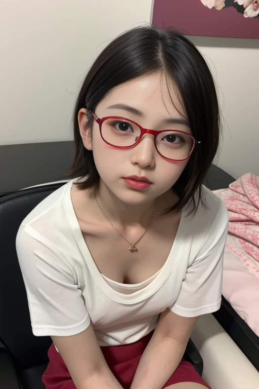 12 years、Down blouse , munechira,(((Small breasts))),Flat Chest , Bend your body , From above , close, necklace , Detailed Bra Overlap T-Shirt,  short hair,8k, highest quality, masterpiece, Ultra-high resolution, (realism: 1.4), Original photo, (Real skin texture: 1.3)、Red frame glasses、Young face、Young body、mini skirt(masterpiece:1.2, highest quality), (Very detailed:1.3), One Girl,short hair, 