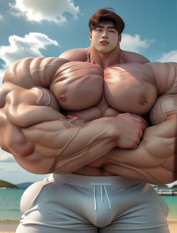 1 korean boy, giant, model shoot style, looking at camera, standing, cool ambience, outdoor, summer season, at the ocean lagoon, cloudy sky, strong body, bulk, large size, standing, white triangular underwear, prominent bulge, big, brutalmass, giant, muscular body, bulk, massive body, large meaty body size, brown skin