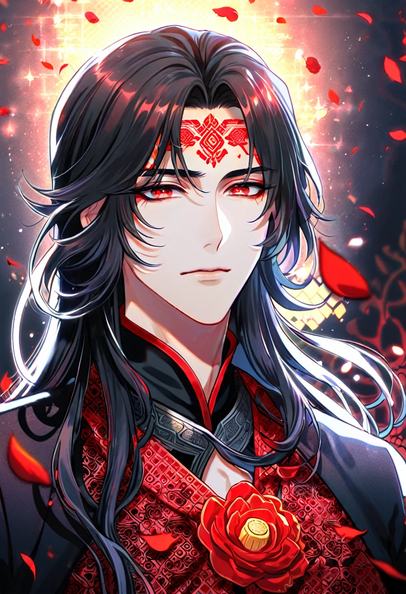 Ultra detailed, HDR, Highres, absurdres, master piece, Luo Binghe, black long hair, expressive red eyes, The Scum Villain's Self-Saving System, patterns, black clothes, red petals, red ice flowers, sexy man, solo, extremely detailed face and eyes, extremely handsome, glittering, red glass, red mark on his forehead,