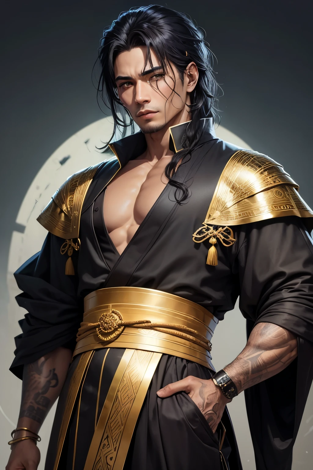 This character embodies a blend of tradition and modernity, with his most striking feature being his long, meticulously braided hair. Styled in a traditional braid at the back, reminiscent of Wong Fei Hung, it represents his deep respect for heritage. The front of his hair is parted in the middle, with smooth strands cascading down to his jawline, giving a contemporary twist to his otherwise classic appearance. The hair is impeccably maintained, exuding a sense of pride in its care and living up to his nickname, "Pendekar Kepang Indah."

His face is sharp and noble, with high cheekbones and a strong jawline that exudes confidence and calm. His intense eyes reflect both wisdom and determination, showing the depth of his experience and his unwavering sense of honor. The expression he carries is one of composed strength, a reflection of his inner power and readiness to face any challenge.

Dressed in a sleek, fitted leather jacket, he merges traditional warrior aesthetics with modern fashion effortlessly. The jacket is adorned with subtle, intricate designs inspired by ancient armor, paying homage to his roots while embracing the present. His sleeves are slightly rolled up, revealing his muscular forearms, symbolizing his readiness for action.

Accessories might include a jade pendant or a belt with ancient Chinese motifs, connecting him further to his historical roots. His hands remain bare, a testament to his martial skill and the raw power he holds.

The setting around him is a blend of the futuristic and the traditional, with towering skyscrapers set against the elegant lines of ancient Chinese architecture. This backdrop emphasizes his role as a bridge between past and present, a figure who commands respect and honor in both worlds.