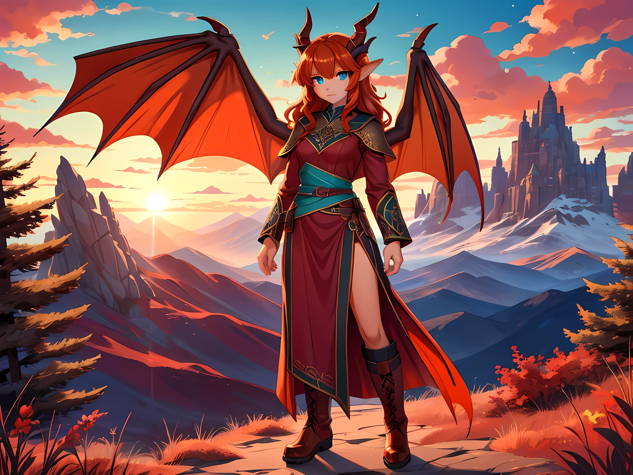 anime style art, fantasy style art, beautiful Celtic dragon girl, young adult European girl, mature young woman, long wavy bright orange hair, bright teal eyes, realistic and sparkling teal eyes looking at viewer, shapely body, skinny body, healthy body, purple and red warrior outfit, red clothes, 2 red dress coattails hanging down her sides, high brown leather boots, long draping red sleeves, 2 large orange dragon wings, wings on both sides, orange dragon horns, standing at the top of a mountain, at the mountain peak, deep red colored mountains, dark red ground dirt, trees with blue leaves, red mountains and blue trees in the distance, bright sunny day, high quality digital art, 2k, professional illustration