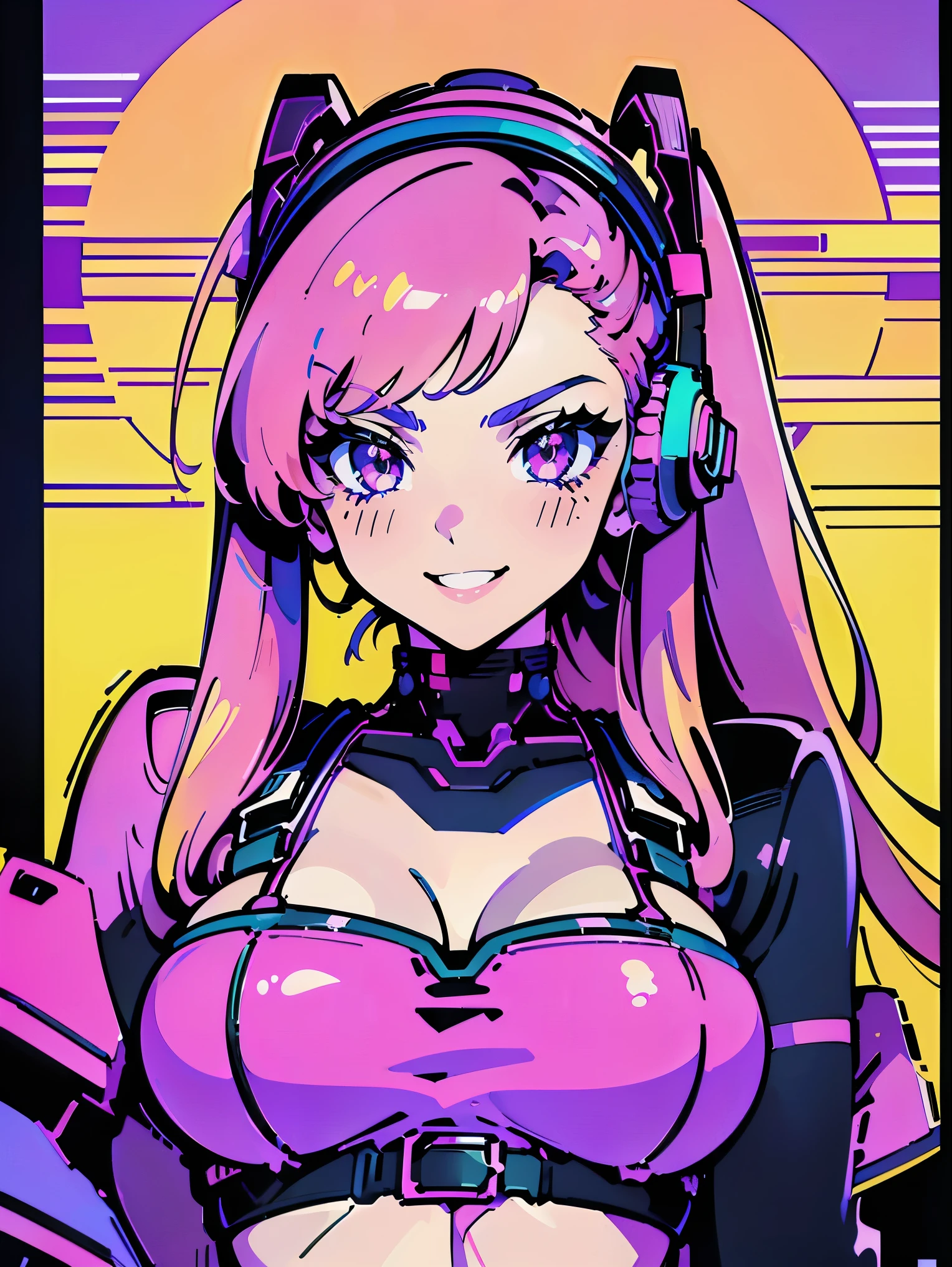 (best quality,4k,8k,highres,masterpiece:1.2),ultra-detailed, anime style, vapor wave aesthetic, line art, large breasts, bikini with harness, purple and hot pink background, setting sun, bright yellow accents, erotic pose, wearing large headphones, waifu, seductive expression:1.2,  smile with teeth