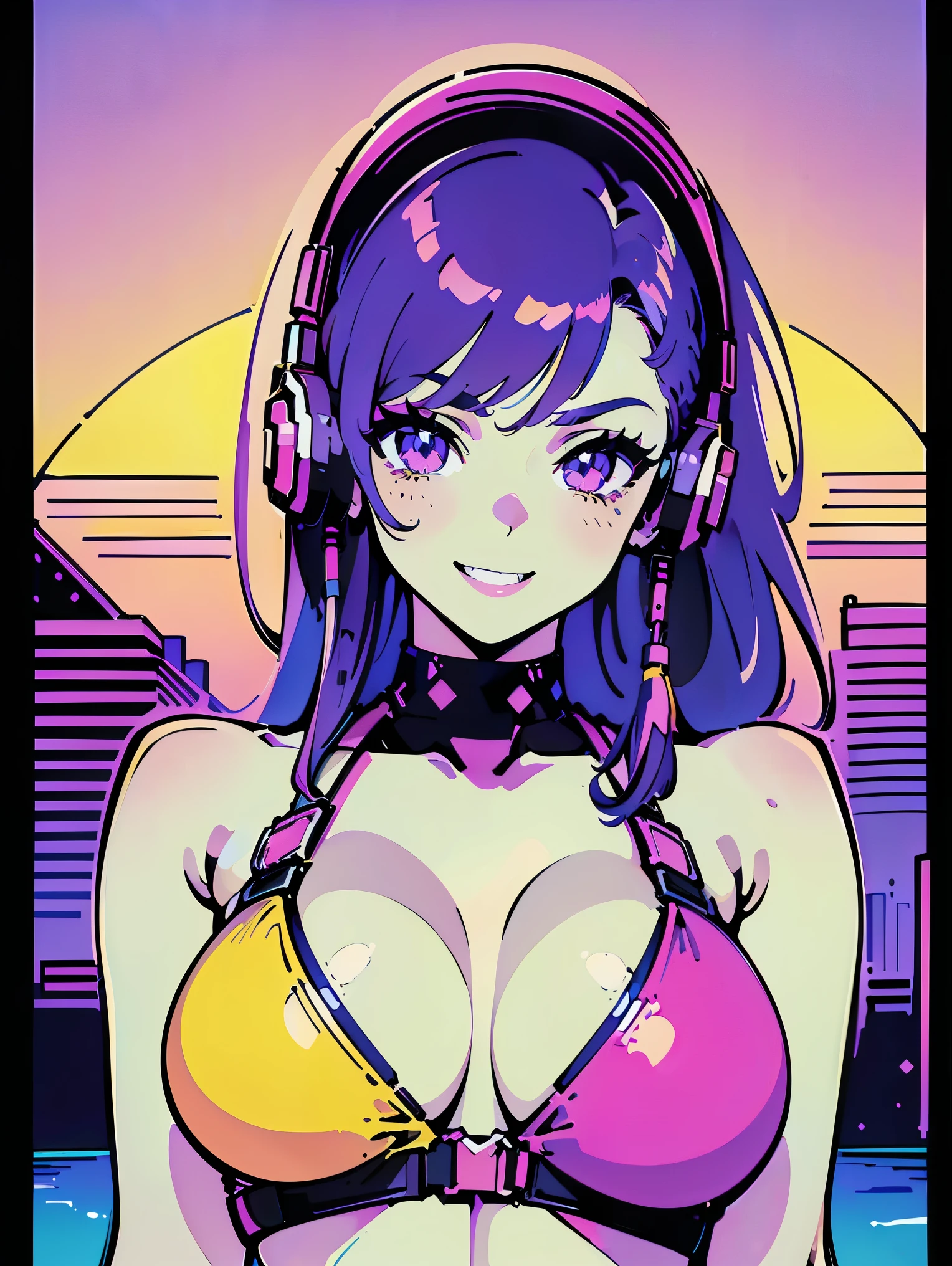 (best quality,4k,8k,highres,masterpiece:1.2),ultra-detailed, anime style, vapor wave aesthetic, line art, large breasts, bikini with harness, purple and hot pink background, setting sun, bright yellow accents, erotic pose, wearing large headphones, waifu, seductive expression:1.2, smile with teeth