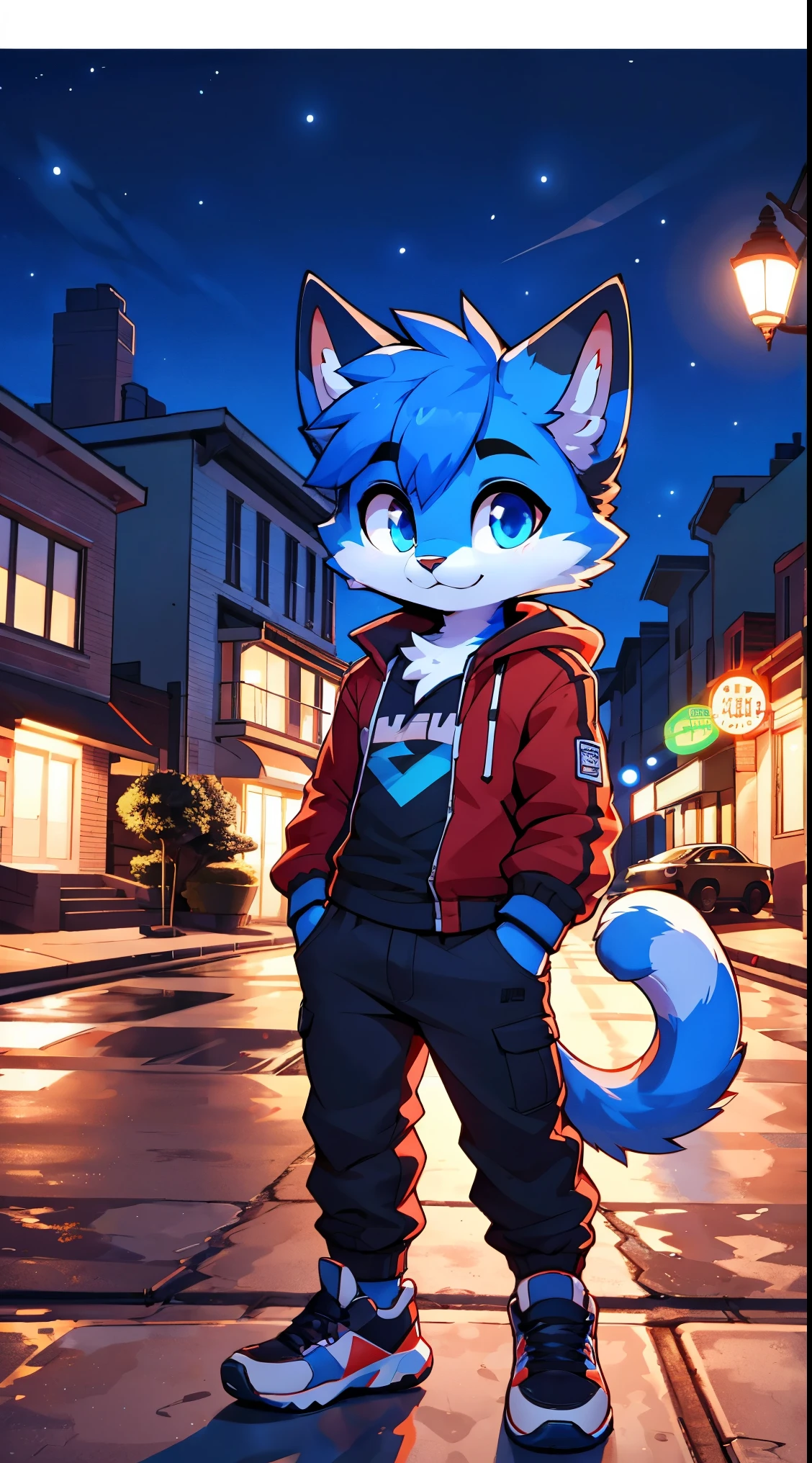 a full body, anthropomorphic blue cat kid wearing a jacket with a t-shirt, red borders, pants, cat face, white eyebrows, sneakers, cute face, glossy fur, big fluffy neckfur, posing for a picture in a hill at night with a city in the distance
