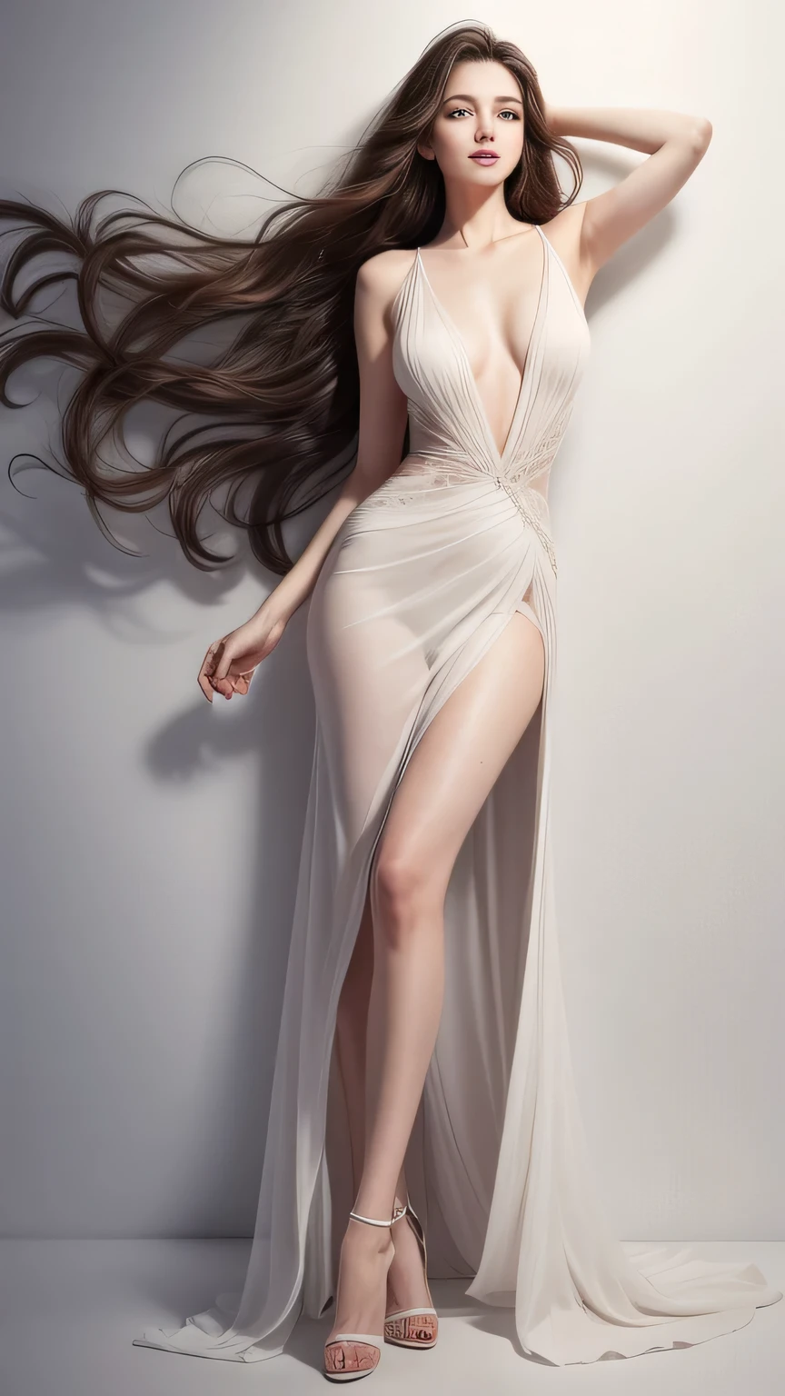 best quality,realistic,full body,"woman with a split dress","beautiful detailed eyes","soft and delicate skin","long flowing hair","elegant and graceful pose","subtle lighting","subtle background","","vivid colors" very slutty