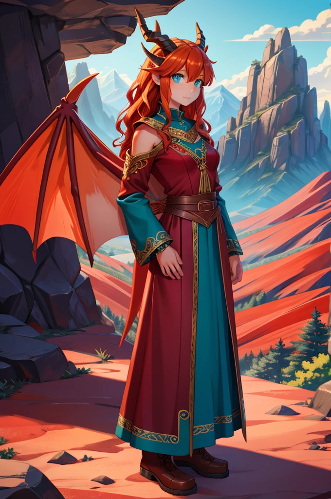 anime style art, fantasy style art, beautiful Celtic dragon girl, young adult European girl, mature young woman, long wavy bright orange hair, bright teal eyes, realistic and sparkling teal eyes looking at viewer, shapely body, skinny body, healthy body, purple and red warrior outfit, red clothes, 2 red dress coattails hanging down her sides, high brown leather boots, long draping red sleeves, 2 large orange dragon wings, wings on both sides, orange dragon horns, standing at the top of a mountain, at the mountain peak, deep red colored mountains, dark red ground dirt, trees with blue leaves, red mountains and blue trees in the distance, bright sunny day, high quality digital art, 2k, professional illustration