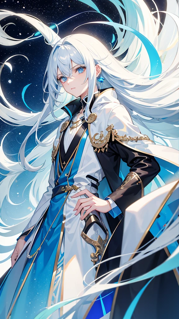 Male with androgynous face Sky blue white hair The clothes are modern I have long hair kind