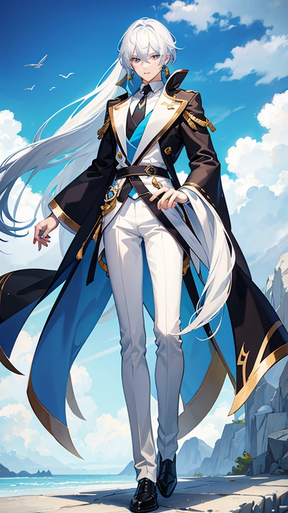 Male with androgynous face Sky blue white hair The clothes are modern I have long hair kind