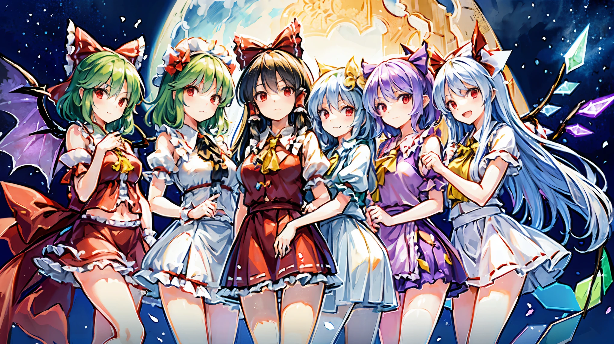 Group photo (Touhou Project) Reimu Hakurei, Marisa Kirisame, Sakuya Izayoi, Flandre Scarlet, Remilia Scarlet, Javelin (Azur Lane), six people