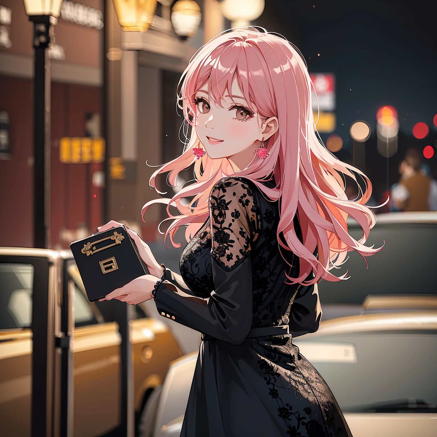 (masterpiece, high quality, 4k:1.4), 1girl, solo, pink hair, brown eyes, double-parted bangs, long hair, (mature female, mature:1.2), mole under eye, earrings, elegant black lace dress, close up, night time, city, street, smile