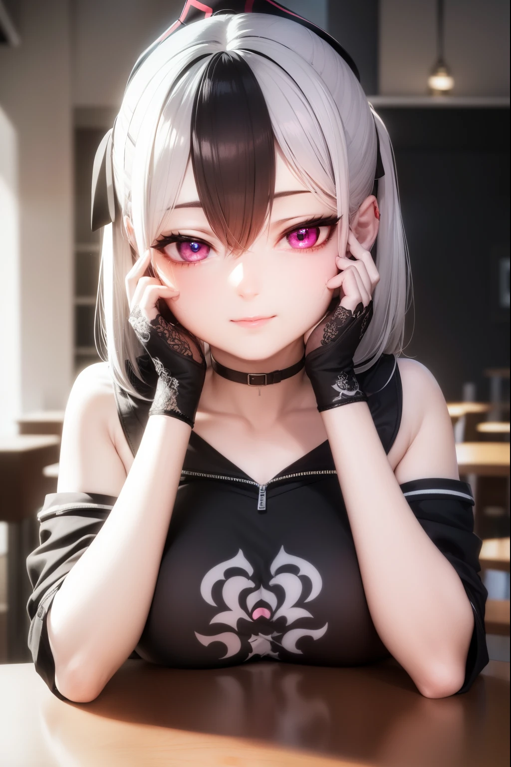 ((best quality)), ((highly detailed)), masterpiece, absurdres, (white hair with black bang),(detailed eyes, deep pink eyes), (1girl), yandere trance, yandere, hands on own face, hands on own cheeks, shaded face, ((glowing eyes)), (upper body), hexmaniacms, ((@.@)), bags under eyes, ahoge, headband, black hair, pale skin, big breasts, , black clothes, (at a cafe, coffee, noon),
BREAK black hoodie, choker, hood, hoodie, pleated skirt, skirt, red skirt,
BREAK (masterpiece:1.2), best quality, high resolution, unity 8k wallpaper, (illustration:0.8), (beautiful detailed eyes:1.6), extremely detailed face, perfect lighting, extremely detailed CG, (perfect hands, perfect anatomy),(PINK EYES) (BEAUTIFUL WOMAN) (PINK HAIR), (SADISIC SMILE)