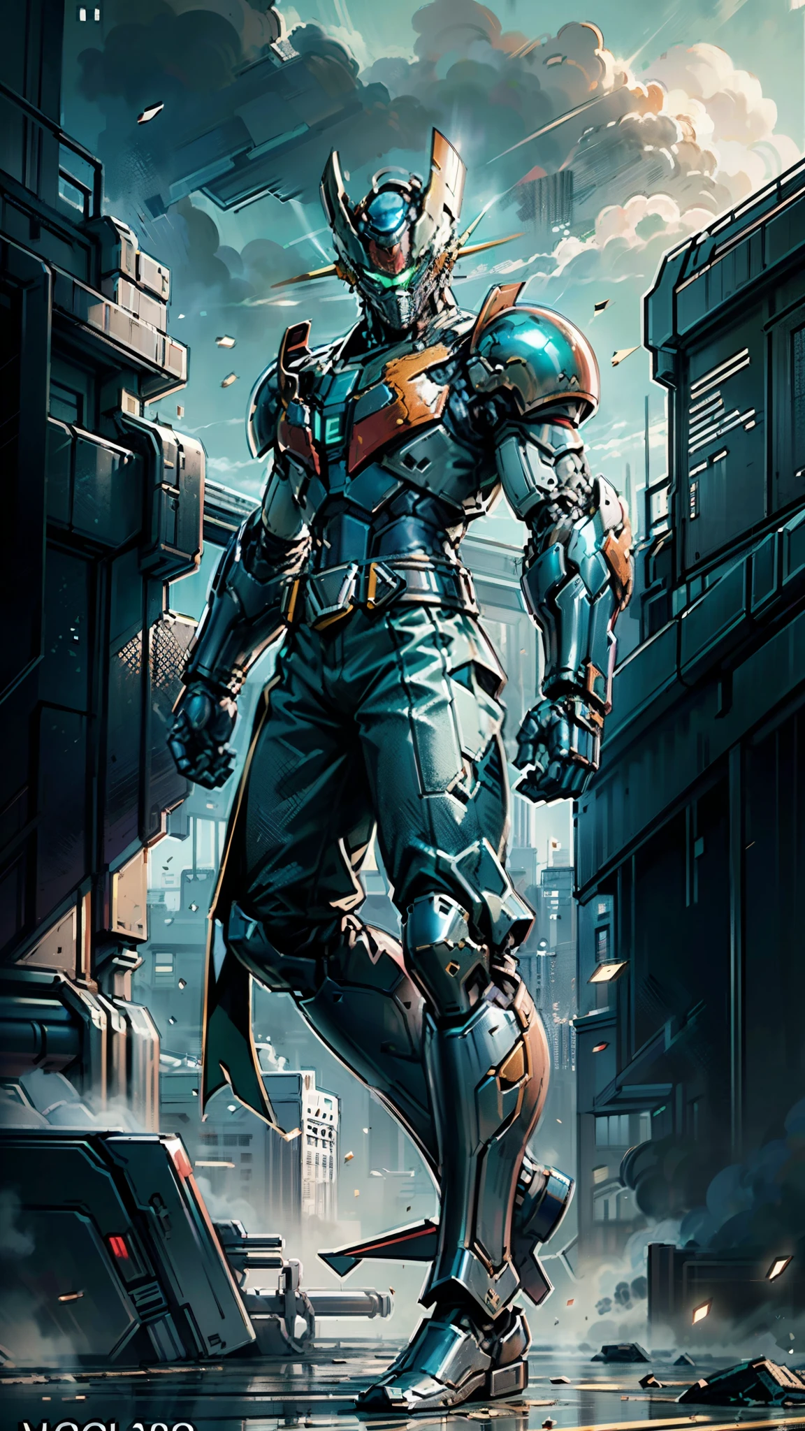 A man wearing a full-face helmet, a fantasy-style biotech armored combat suit, green eyes, (a composite layered chest armor), fully enclosed shoulder guards, matching arm and leg guards, the belt is adorned with Z mark, (the color scheme is primarily white with red and blue accents), the design balances heavy with agility, a high-tech bio-mecha armor, (Armor Concept Inspired by Mazinger Z, stand on the top of a skyscraper in a futuristic sci-fi city), this character embodies a finely crafted fantasy-surreal style armored hero in anime style, exquisite and mature manga art style, (battle damage, element, plasma, energy, the armor glows), ((male:1.5)), metallic, real texture material, dramatic, high definition, best quality, highres, ultra-detailed, ultra-fine painting, extremely delicate, professional, perfect body proportions, golden ratio, anatomically correct, symmetrical face, extremely detailed eyes and face, high quality eyes, creativity, RAW photo, UHD, 32k, Natural light, cinematic lighting, masterpiece-anatomy-perfect, masterpiece:1.5