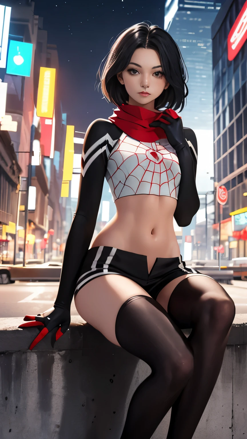 (Highly quality, masterpiece, detailed), Night city detailed scenario, night city detailed background, 20 years old girl, black hair, 1girl, CindyMoon, cindymoon, short hair, Black top, white top, black botton, white bottom, long bottom, spider web print, Crop top, Red scarf, Long Sleeves, Gloves, red finger gloves, Abdomen, Expressionless, sitting on top of a building, Navel, beautiful eyes, perfect eyes, looking at the viewer, Sexy pose