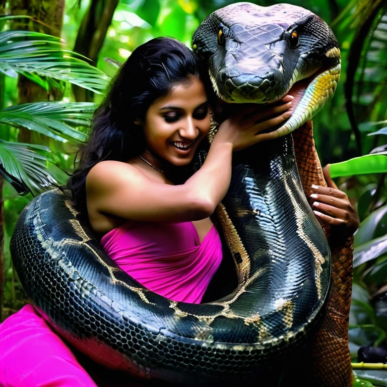  Topless  pink thong wearing aroused horny beautiful happy indian  teen girl  vs  Giant black anaconda    monster wrapped around her body squeezing her in coiled embrace cuddling and kissing  sexual erotic bestiality  sex  realistic in the rainforest full body, best quality wet 