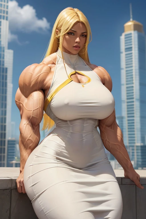 ((((Massive tall, beautiful, buff, light brown skinned muscular woman with yellow hair, ginormous bulky muscles and wearing a beautiful white pencil dress)))), (close view), massive muscles, massive biceps, hyper muscle shoulders, massive muscle arms, vascular shoulders, hyper muscle triceps, (long flowing hair), gray eyes, choker, on top of a sunny skyscraper In the sky, confidant smile, hyper vascular arm, hyper muscles arms, hyper muscle legs, (massive arms).