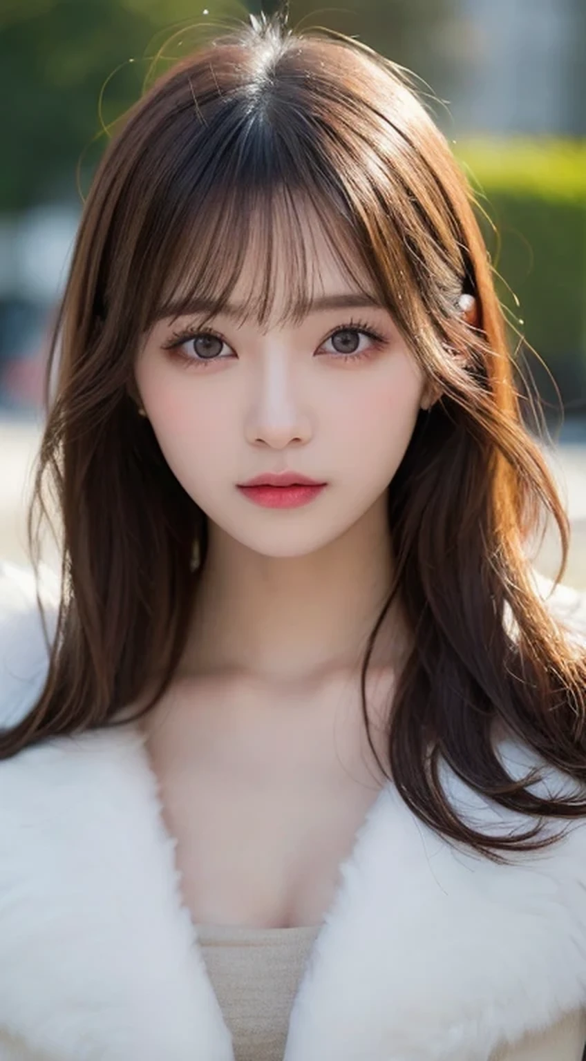 Tabletop, highest quality, shape, Very detailed, finely, High resolution, 8k wallpaper, Perfect dynamic shape, Beautiful and detailed, Gorgeous winter fashion using fur,Straight hair,Small breasts、Natural color lip,20-year-old girl、cute、Looking at the camera is sexy,Beautiful and elaborate face,Perfect and beautiful face,KPOP idol faces,Japanese idol faces,Elegant face,RAW Photos,Big eyes,Gal Makeup,Blur the background、Actual photo