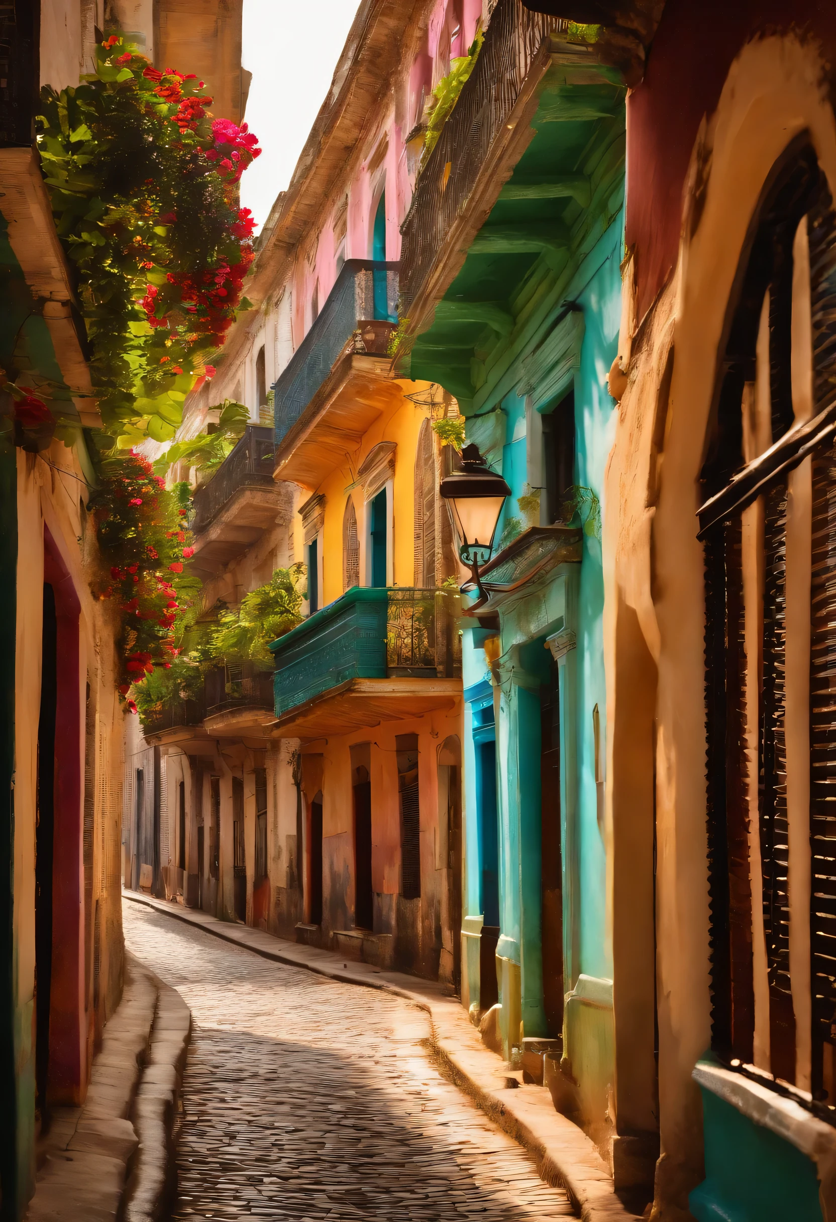 a street with colorful houses in Havana,illustration,oil painting,vivid colors,brick walls,aged wooden doors and windows,cobblestone pavement,plants and flowers,bustling atmosphere,charming old cars,old-fashioned street lamps,warm sunlight,beautiful details
