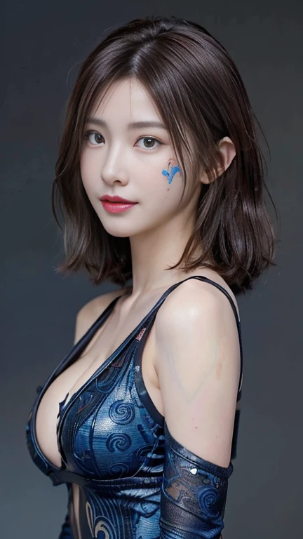 highest quality, shape, Very detailed, finely, High resolution, 8k wallpaper, 完璧なダイナミックな構shape, 美しくてBeautiful Eyes,Short Bob Hair､Big Breasts、Natural color lip, Bold sexy pose､smile、Adult female 30 years old、美shape、ear piercing，Adult sex appeal､Subjects striking sexy poses for the camera，Sculpture model pose，((リアルなillumination, highest quality, 8k, masterpiece: 1.3)), Clear focus: 1.2, 1 girl, Perfect body beauty: 1.4, Slim Abs: 1.1, ((Dark brown wavy hair, Hair inner color blue，Messy Hair，Big Breasts: 1.3)), (Finished with body paint，Transparent dark blue damask patterned rider suit: 1.4), (Black background, illumination: 1.1),Body Paint Dresses， whole body, Long legs, Very detailedな顔, Beautiful Eyes, double eyelid，"Please randomly select one of the camera angles below:: Back view, whole bodyショット, Front view, Or a low angle shot."