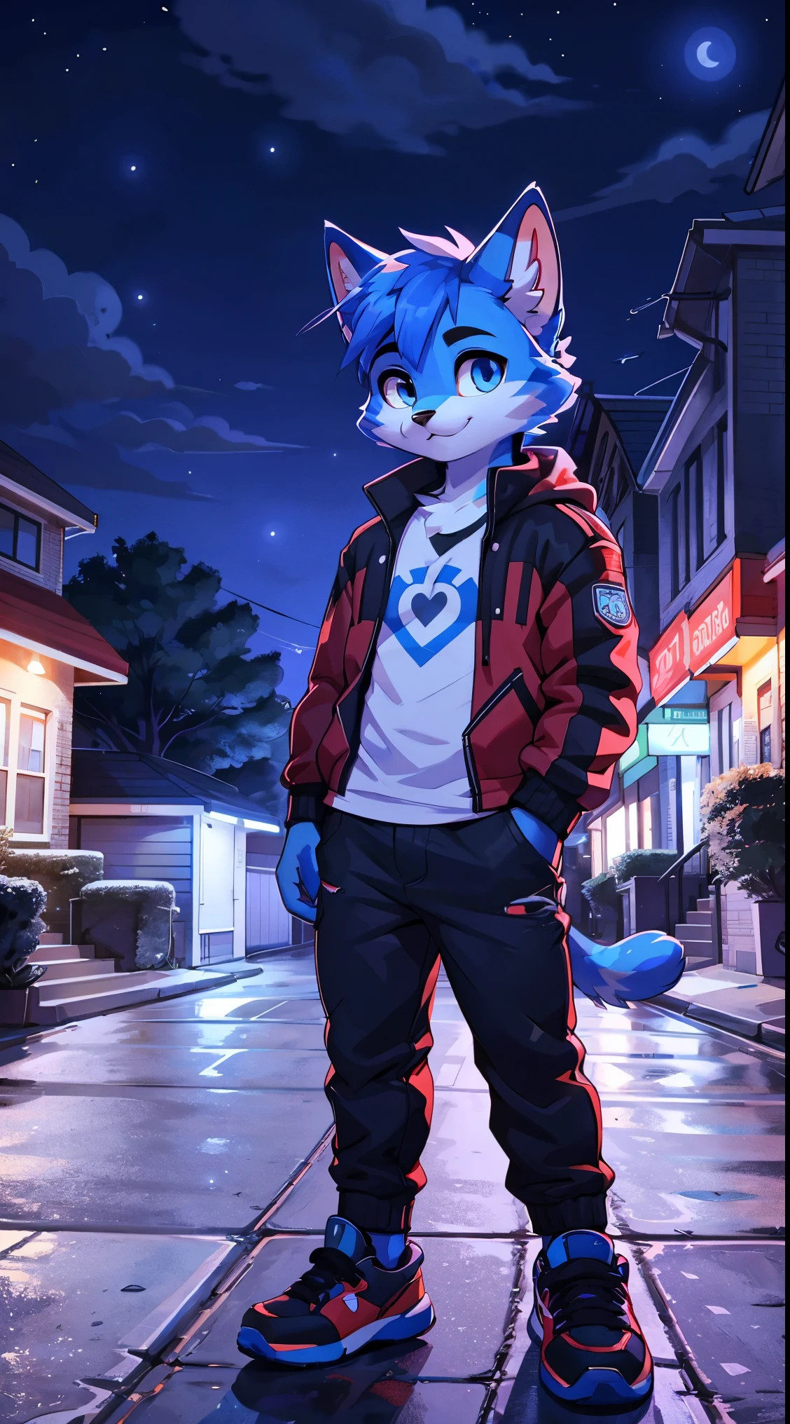a full body, anthropomorphic blue cat ??? wearing a jacket with a t-shirt, red borders, pants, cat face, white eyebrows, sneakers, cute face, glossy fur, big fluffy neckfur, posing for a picture in a hill at night with a city in the distance