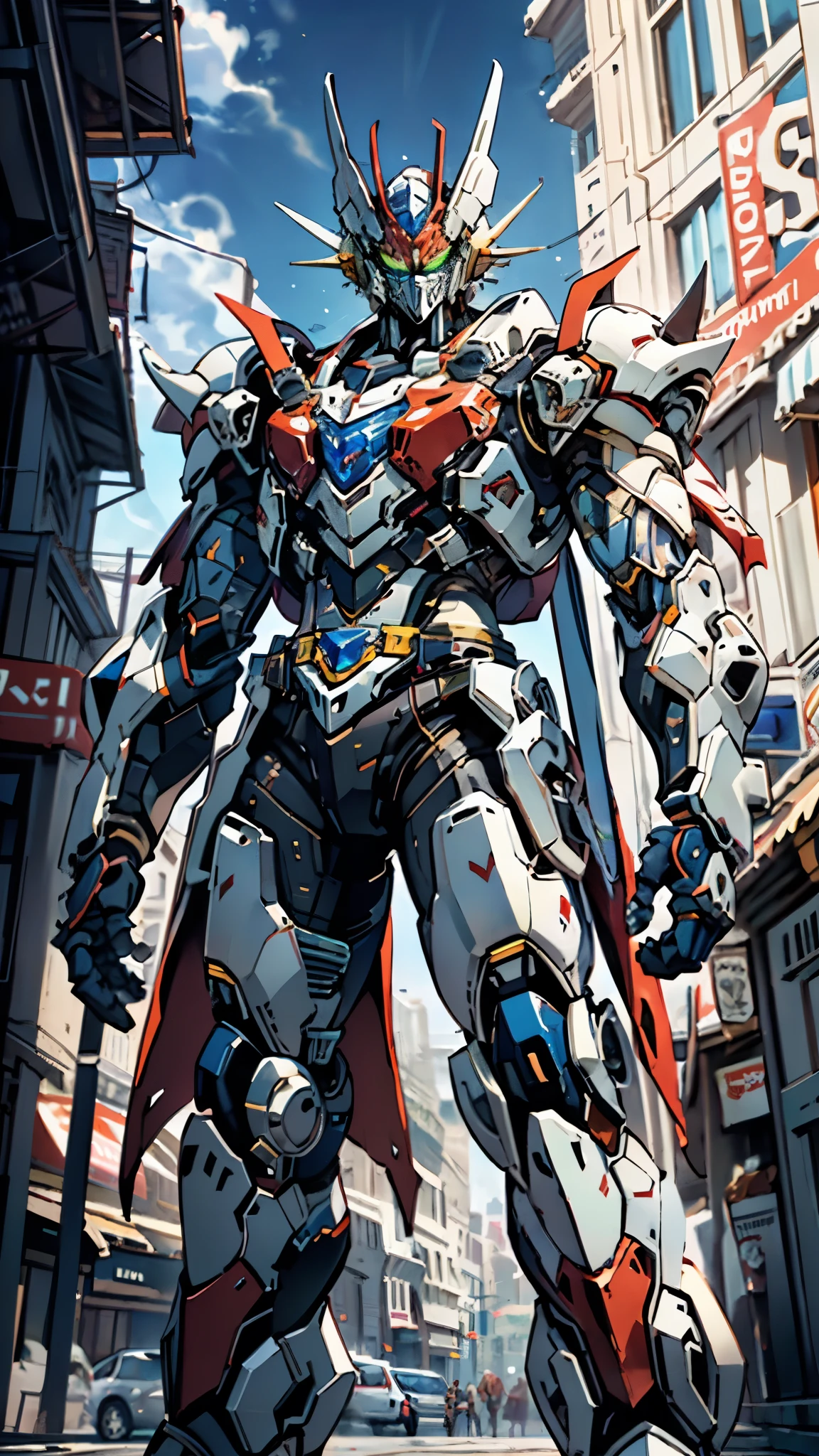 A man wearing a full-face helmet, a fantasy-style biotech armored combat suit, green eyes, (a composite layered chest armor), fully enclosed shoulder guards, matching arm and leg guards, the belt is adorned with Z mark, (the color scheme is primarily white with red and blue accents), the design balances heavy with agility, a high-tech bio-mecha armor, (Armor Concept Inspired by Mazinger Z, stand on the top of a skyscraper in a futuristic sci-fi city), this character embodies a finely crafted fantasy-surreal style armored hero in anime style, exquisite and mature manga art style, (battle damage, element, plasma, energy, the armor glows), ((male:1.5)), metallic, real texture material, dramatic, high definition, best quality, highres, ultra-detailed, ultra-fine painting, extremely delicate, professional, perfect body proportions, golden ratio, anatomically correct, symmetrical face, extremely detailed eyes and face, high quality eyes, creativity, RAW photo, UHD, 32k, Natural light, cinematic lighting, masterpiece-anatomy-perfect, masterpiece:1.5