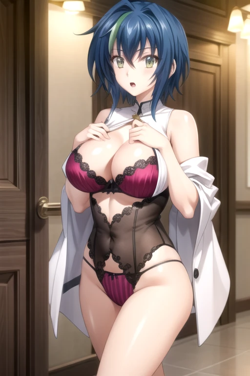Looking at the audience, (open mouth:1.2), (阳Light, bright, 阳Light :1.2) no_DXD_Xenovia, 1 girl,20 years old, solitary, Yellow eyes, Blue Hair, short hair, , Colorful hair, Chest, Green Hair, Looking at the audience, Striped hair, Two-tone hair, Hair between the eyes, large Chest, Young women,Fair Finger,Fair long legs,Fair Body,Fair Nose,Fair character design, Perfect eyes, perfect Face,expressive eyes, Looking at the audience,(Dominant_Body),(Focus on her Face), official art,Extremely detailed CG Unity 8K wallpaper, Perfect Lighting,rich and colorful, bright_front_Face_Light,發Light的皮膚, (masterpiece:1.0),(the best_quality:1.0), Ultra-high resolution,4K,Super detailed, photography, 8k, HDR, high resolution, absurd:1.2, Kodak Portrait 400, Film Grain, Blurred background, Bokeh:1.2, 鏡頭Light暈, (Energetic_color:1.2) (Fair,Big goals_Chest:1.4), (Fair_Face:1.5),(narrow_waist),red bra, red lace, red underwear, red lingerie, whole body