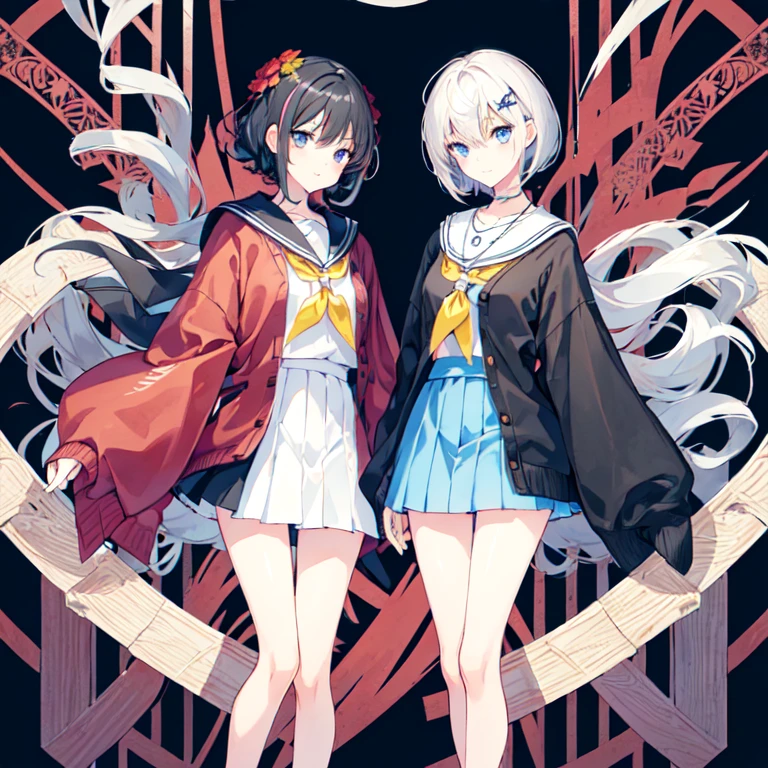 Please draw two girls in detail, 1st: high school girl, piece, full body, smiling, uniform, cardigan, (((short black hair))), red flower hairpiece, yellow eyes, black kimono with spider web painted on shoulder, hand drawn, anime style, cute, thick paint, transparent, watercolor --niji 6, Miniskirt, (waltercolor:1.3), through toutch, detailed, (teenage girl, slender, long legs, beautiful skin, perfect fingertips, 8 head, iooking away, pendant)
Second: High school girl, piece, full body, smile, , cardigan, hand drawn, rough, anime style, cute, thickly painted, transparent, watercolor --niji 6, mini skirt, (waltercolor:1.3), through toutch, detailed, (teenage girl, beautiful eyes, blue eyes, white hair, curly hair, slender, long legs, beautiful skin, perfect fingertips, 8 head, iooking away, pendant)