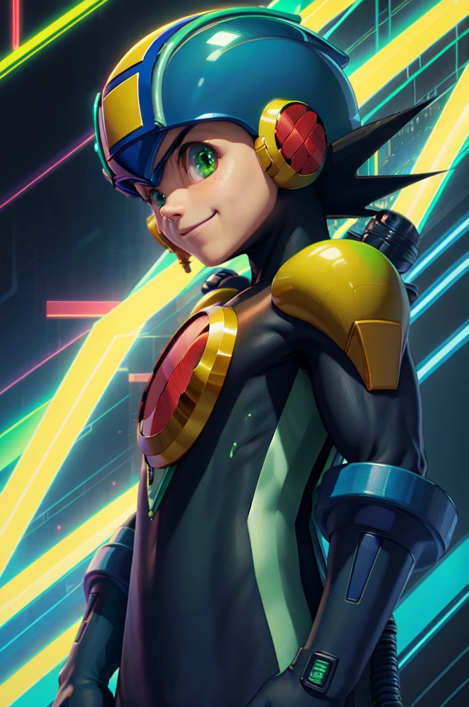 masterpiece, best quality, 1boy, megaman, black hair, closed mouth, closeup, green eyes, helmet, looking at viewer, male focus, smile, solo, cyberpunk city background, night, neon light , full body 