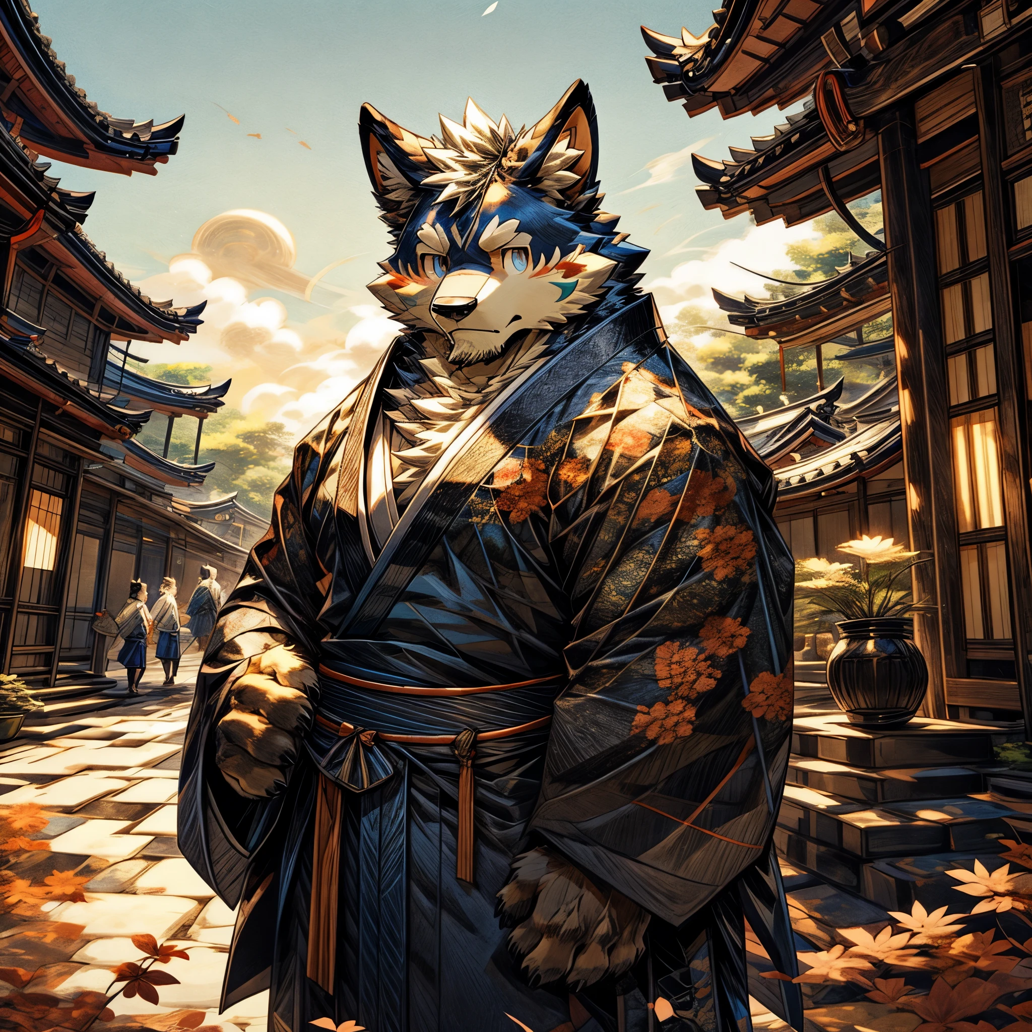 masterpiece,High quality,furry,shikoku inu,(tri color),male,whole body,cute,One person,edo period,Japanese clothing,town,perfect background,beautiful eye,catchlight,Japanese sword,adult male,there's no one around