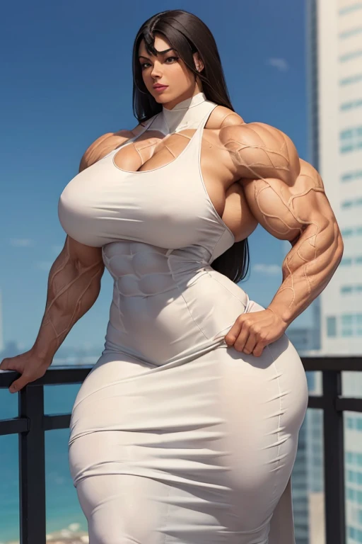((((Massive tall, beautiful, buff, light brown skinned muscular woman with black hair, ginormous bulky muscles and wearing a beautiful white pencil dress)))), (close view), massive muscles, massive biceps, hyper muscle shoulders, massive muscle arms, vascular shoulders, hyper muscle triceps, (long straight hair), orange eyes, choker, on top of a sunny skyscraper In the sky, confidant smile, hyper vascular arm, hyper muscles arms, hyper muscle legs, (massive arms).