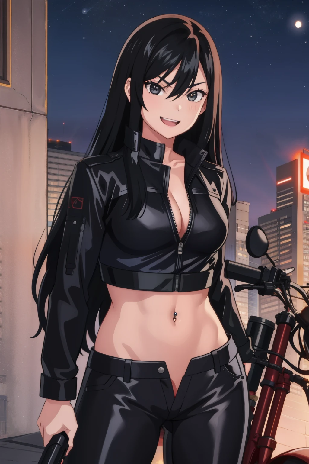 1girl, solo, reiko, black hair, long hair, hair between eyes, black eyes, medium breasts, red motorcycle, outdoors, rooftop, cityscape, building, railing, night, night sky, scenery, moon, city lights, blush, lipstick,
masterpiece, best quality, highly detailed, a girls with a gun, evil smile , open mouth, sexy gaze, badass
pose , evil smile, smile, , guns blazing, anime girl with long hair, beautiful long
haired girl, navel, evil expression, exposed belly, exposed navel, exposed midriff, exposed lower belly,
long black pants, crop top, cleavage, unbuttoned leather pants ,open fly, low rise black leather pants,
leather jacket, holding a gun, outdoor,street,road, navel piercing