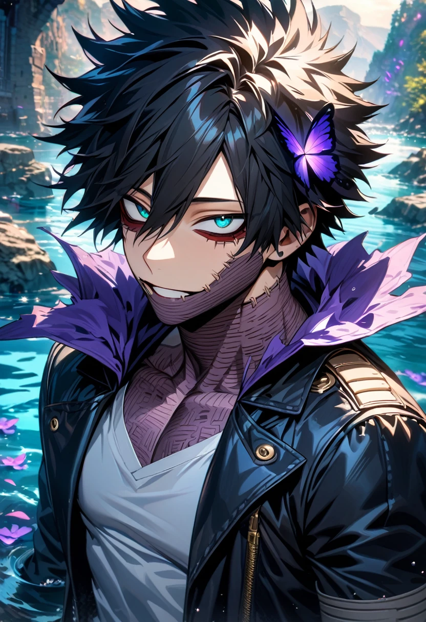 absurdres, highres, ultra detailed, HDR, master piece, detailed picture, extremely detailed face and eyes, Dabi, he has black hair that spikes upward around his head, hair between the eyes, vibrant turquoise eyes, Boku no Hero Academia, solo, sexy man, handsome, black coat, white shirt, black gloves, water, purple butterflies, purple flowers