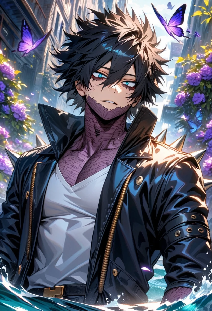 absurdres, highres, ultra detailed, HDR, master piece, detailed picture, extremely detailed face and eyes, Dabi, he has black hair that spikes upward around his head, hair between the eyes, vibrant turquoise eyes, Boku no Hero Academia, solo, sexy man, handsome, black coat, white shirt, black gloves, water, purple butterflies, purple flowers