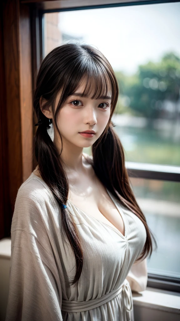 masterpiece, Best Quality, 8K, 20 yo, huge breasts, cuddly, Solo, sad, Cute, Girly, Delicate girl, Neat and clean beauty,  Raw photo, Professional Photography, Portrait, Soft light, Professional Lighting, Back lighting, Upper body, front view, Sophisticated, Film grain, (Eyes and faces with detailed:1.0), twintail, short length floating hair, beautiful flowing hair, bangs, Lounge Maxi Kaftan 