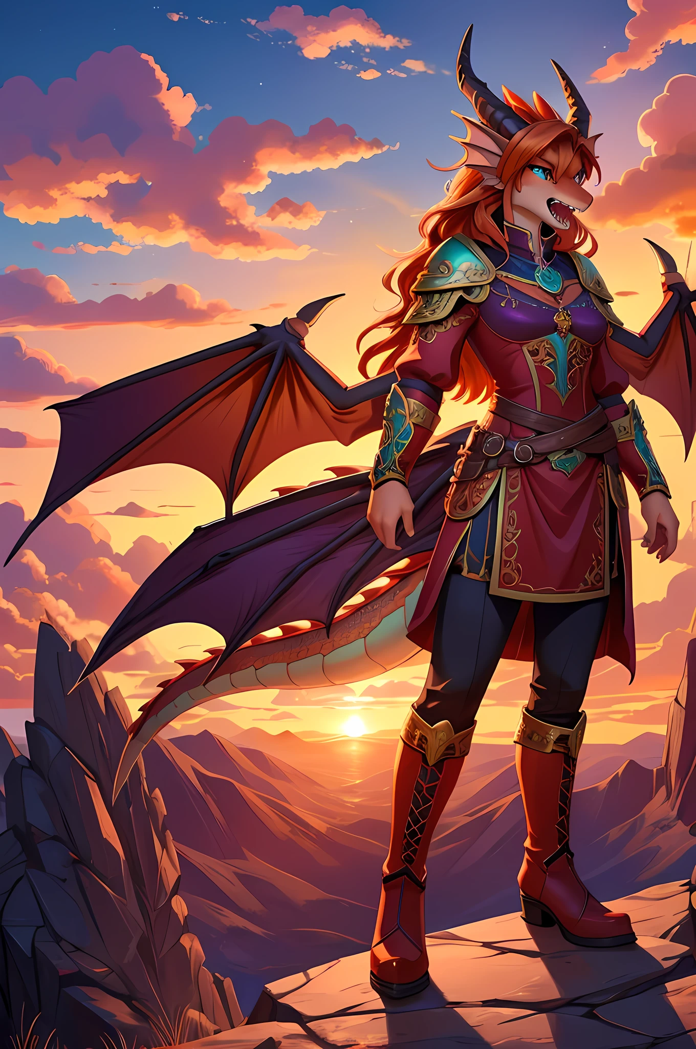 bright colors, fantasy style art, beautiful anthropomorphic female dragon, mature and young, tall character, 5 feet 11 inches tall, dragon body, dragon head, dragon snout, dragon eyes, dragon skin, long wavy bright orange hair, bright teal eyes, sparkling teal eyes looking at viewer, shapely body, skinny body, healthy body, orange scaly dragon skin, highly detailed scales, covered in orange scales, purple and red warrior outfit, ornate red clothes, fancy purple patterns and symbols, 2 red dress coattails hanging down her sides, high brown leather boots, long draping red sleeves, 2 large orange dragon wings, wings on both sides, orange dragon horns, shouting, roaring, angry pose, yelling, head raised, throwing head back, standing on top of a mountain, at the mountain peak, sunset, brilliant cloudy sky, sunset lighting up the clouds, high quality digital art, 2k, professional illustration, highly detailed