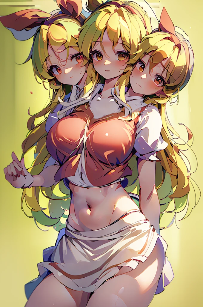 (masterpiece, best quality), best quality, (ultra-detailed), (3heads:1.5), 1girl, (ellen (touhou):1.3), masterpiece, best quality, ultra quality, ultra resolution, ultra detail, red top, crop top, ((stomach)), midriff, ((groin)), red skirt, normal ears, shackles, blonde hair, very long hair, wavy hair, sidelocks, green eyes, parted lips, open belly, sweat, cute, toned belly, hand on own chest, eyelashes, (24 year old woman:1.3), (masterpiece:1.5), (best quality:1.5), (beautiful detailed, extremely detailed CG, extremely delicate and beautiful, depth of field, (finely detailed face), (perfect details:1.3), (mature female:1.4), wide pelvis, slender, large veiny breast, 16k resolution, highres, high quality, high definition, extremely detailed, masterpiece, best quality, blonde hair, long hair, alluring presence, braid, short skirt, close up, big tits, young, hairband, red hairband, waist apron,