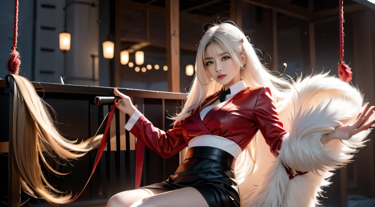 White girl with long white hair with bangs, Purple eyes, she wears a white dress shirt with a blood red vest over it, black pants and black high-heeled boots 