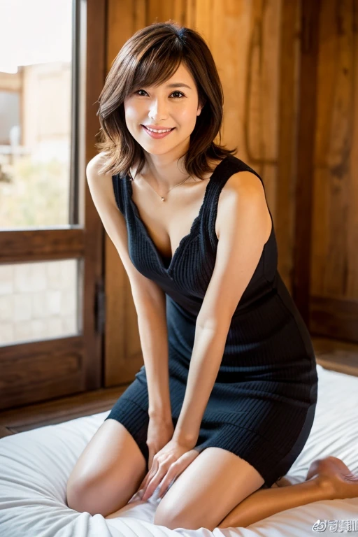 8k, highest quality, masterpiece, Genuine, graphic, Detailed description, Natural light, Soft sunlight, Japanese female 1 person, 40 years old, A little brown hair, Short Bob, Black knit dress, wear（Dress wide open on the chest：1.5)、Sit with your legs together and your buttocks flat on the ground、（Person sitting in duck pose：1.5）、（forward leaning posture：1.2）、Shapely bust、（Full view of the valley：1.5）、バストDetailed description、Mischievous smile、Gentle smile、A shy smile、White teeth、Mini knit dress（You can see beautiful thighs：1.2）、Ring on left ring finger、手のDetailed description、Western-style room、bed、indirect lighting
