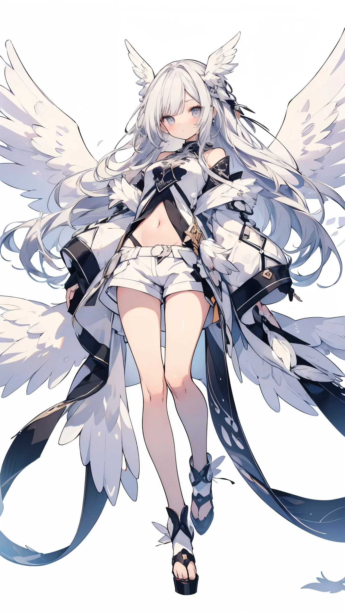 Cartoon character dressed in white with long gray hair and long blond hair Angel wings, one girl, one person, wings, long hair, whole body, very long hair, angel wings, multiple wings, angel, white wings , navel, bangs, white of eyes, white background, feathers, simple background, white shorts