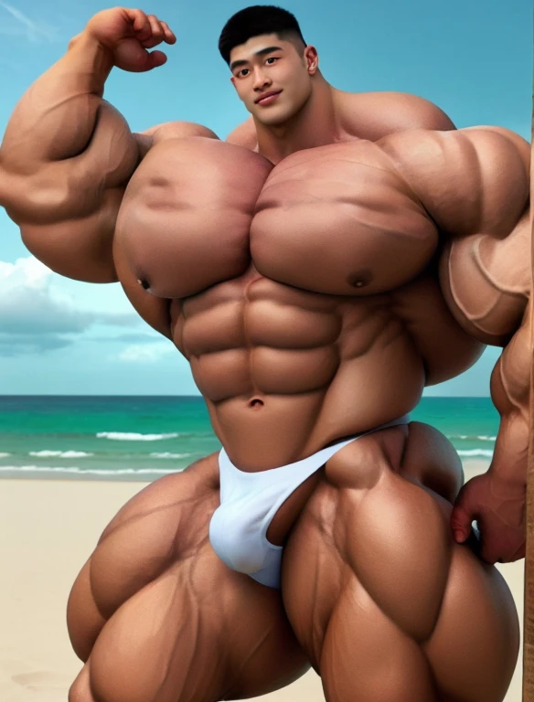 1 korean boy, giant, model shoot style, looking at camera, standing, cool ambience, outdoor, summer season, at the ocean lagoon, cloudy sky, strong body, bulk, large size, standing, white triangular underwear, prominent bulge, big, brutalmass, giant, muscular body, bulk, massive body, large meaty body size, brown skin, intricate detail, 8K