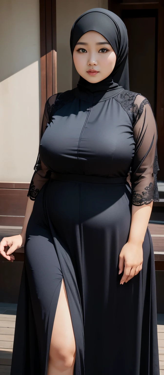 (Best quality,8k,ultra high res:1.2),(Pretty chinese-Indonesian girl),(Huge :0.8),(long dress), (thick thighs:0.9), (obese body), (modern plain hijab ), (sfw), (40-year-old ), (SFW)